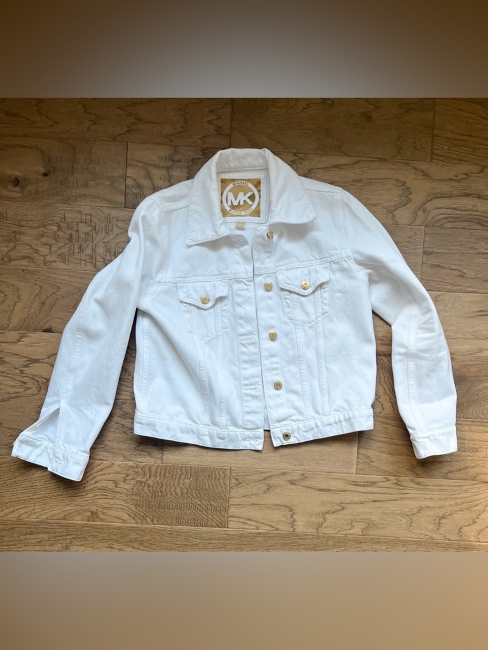 Michael Kors White Denim Jean Jacket with Gold Buttons
